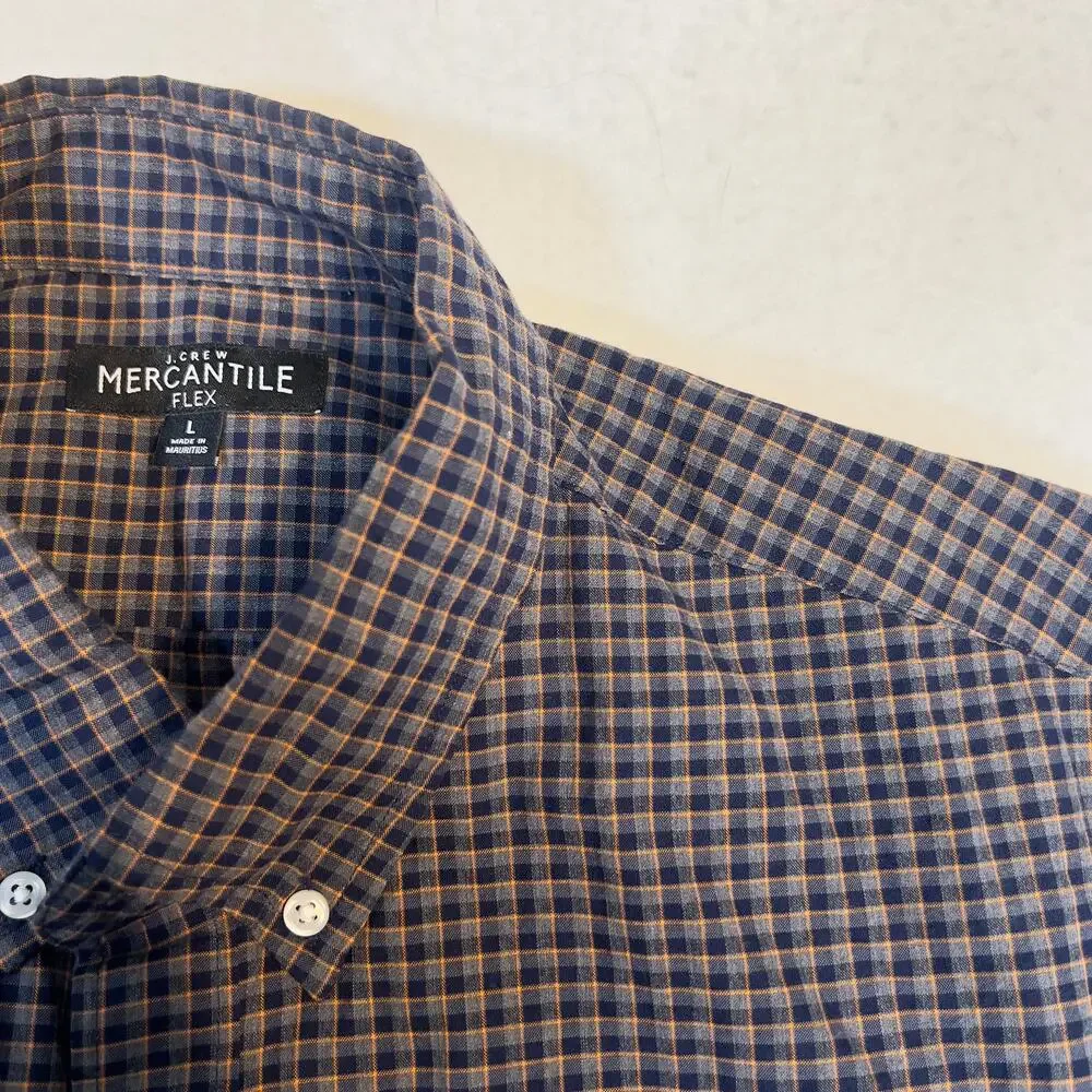 J. Crew Mercantile Flex Button Down Shirt Men's L Blue Orange Check Long Sleeve